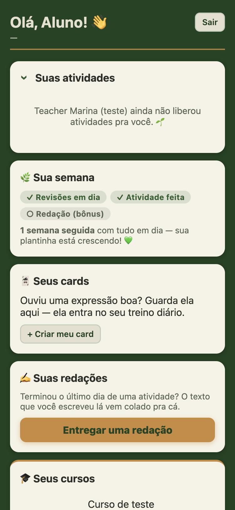 A tela do aluno: atividades, semana, cards, redações e cursos